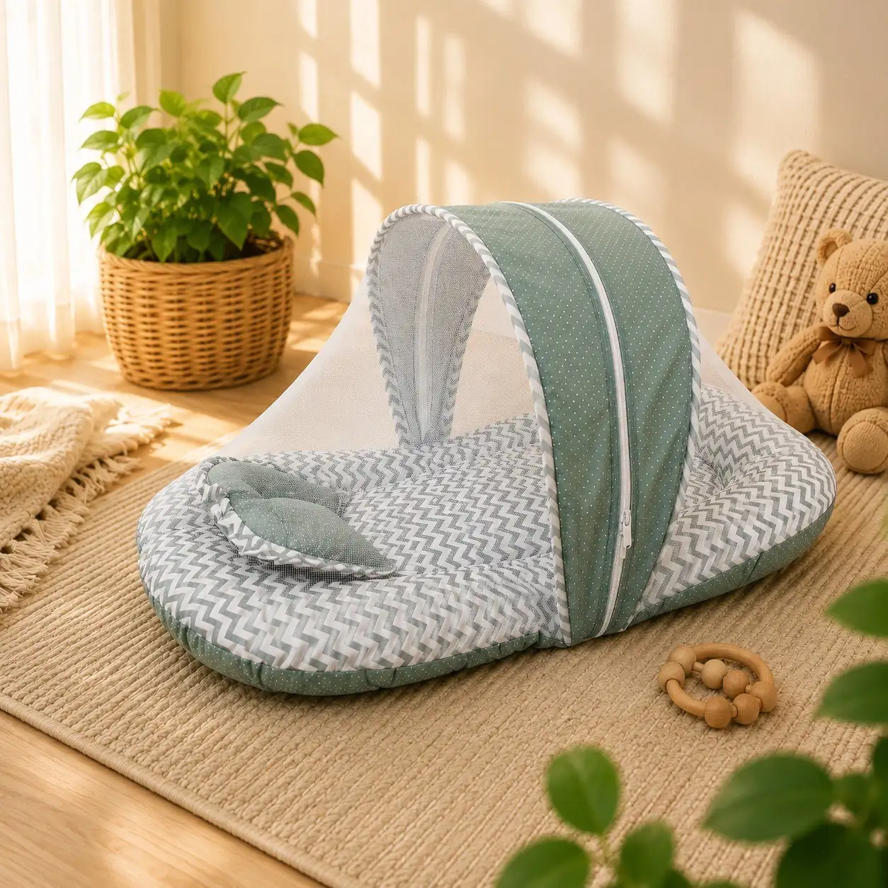 Baby Bedding Set Mattress with Mosquito Net and Pillow - Green