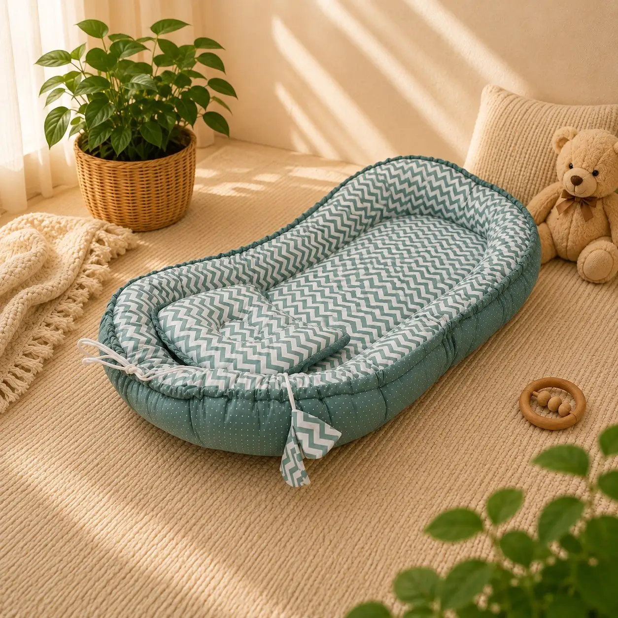 Premium Adjustable Oval Baby Bed- Green