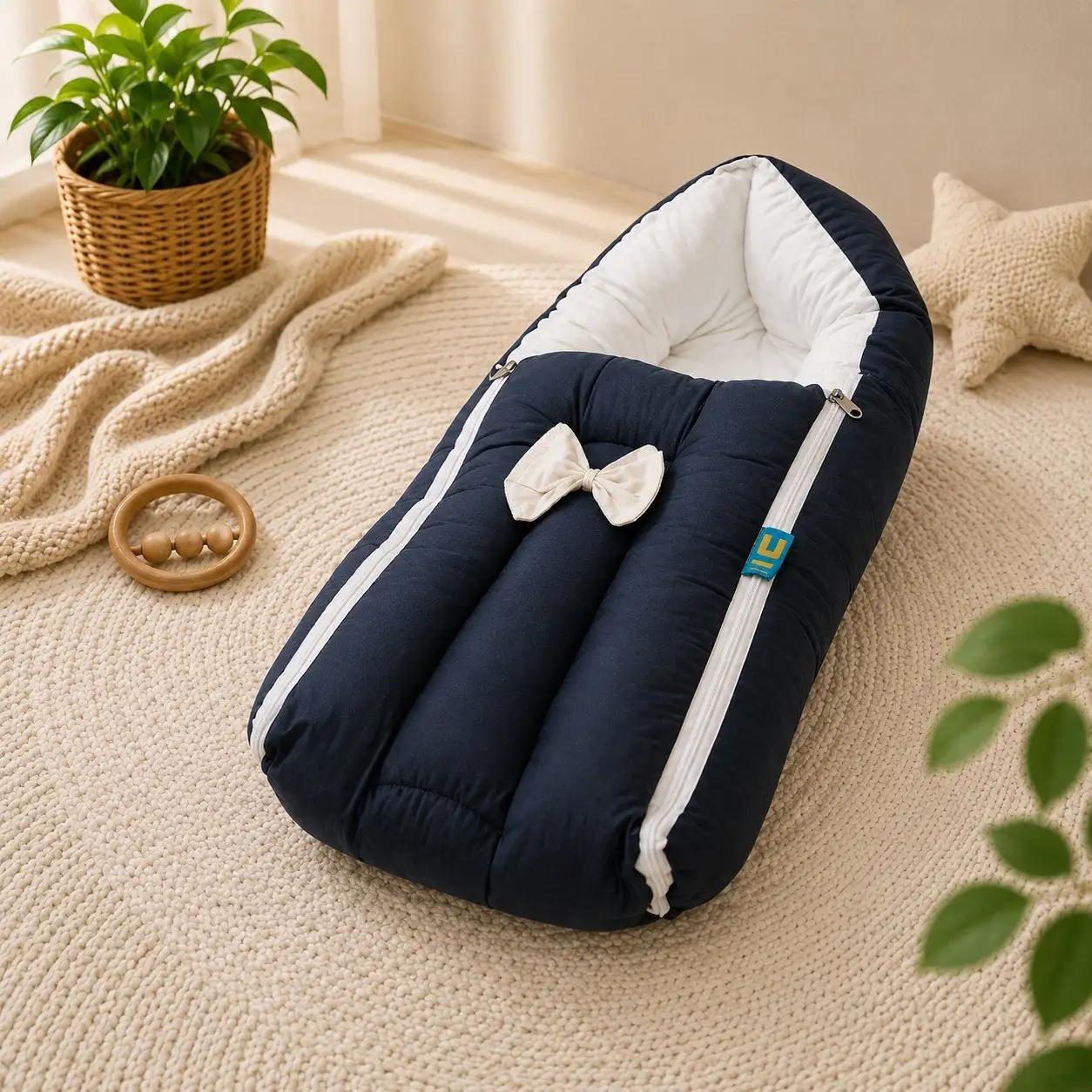 Baby Carry Bag And Sleeping Nest – Blue And White