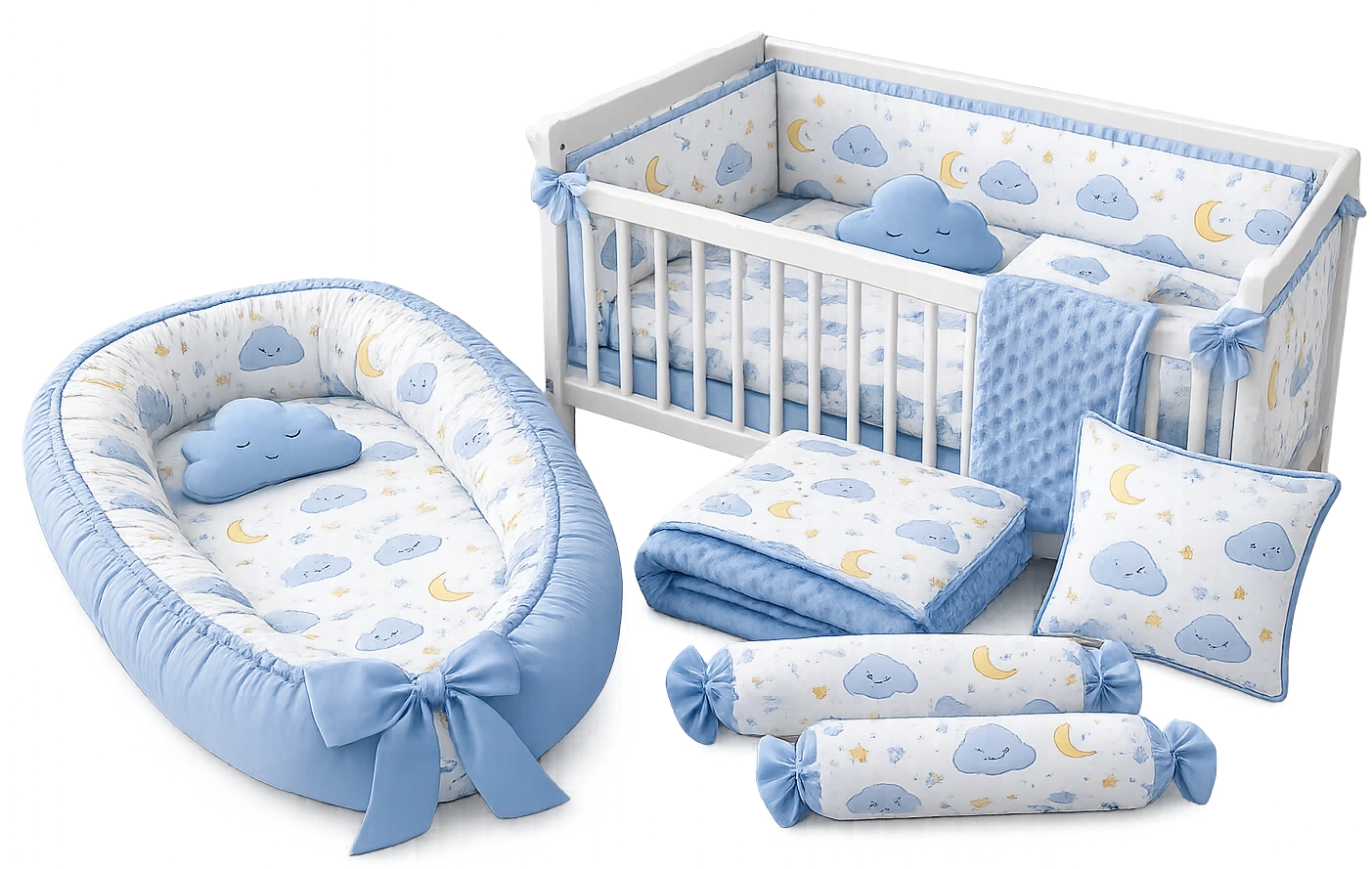 Customized baby bedding combo including baby bed, nest bed, pillow, blanket and bolsters